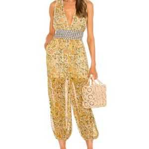 FREE PEOPLE LIKE NEW Marias Yellow Floral Smocked Deep V Jumpsuit Medium